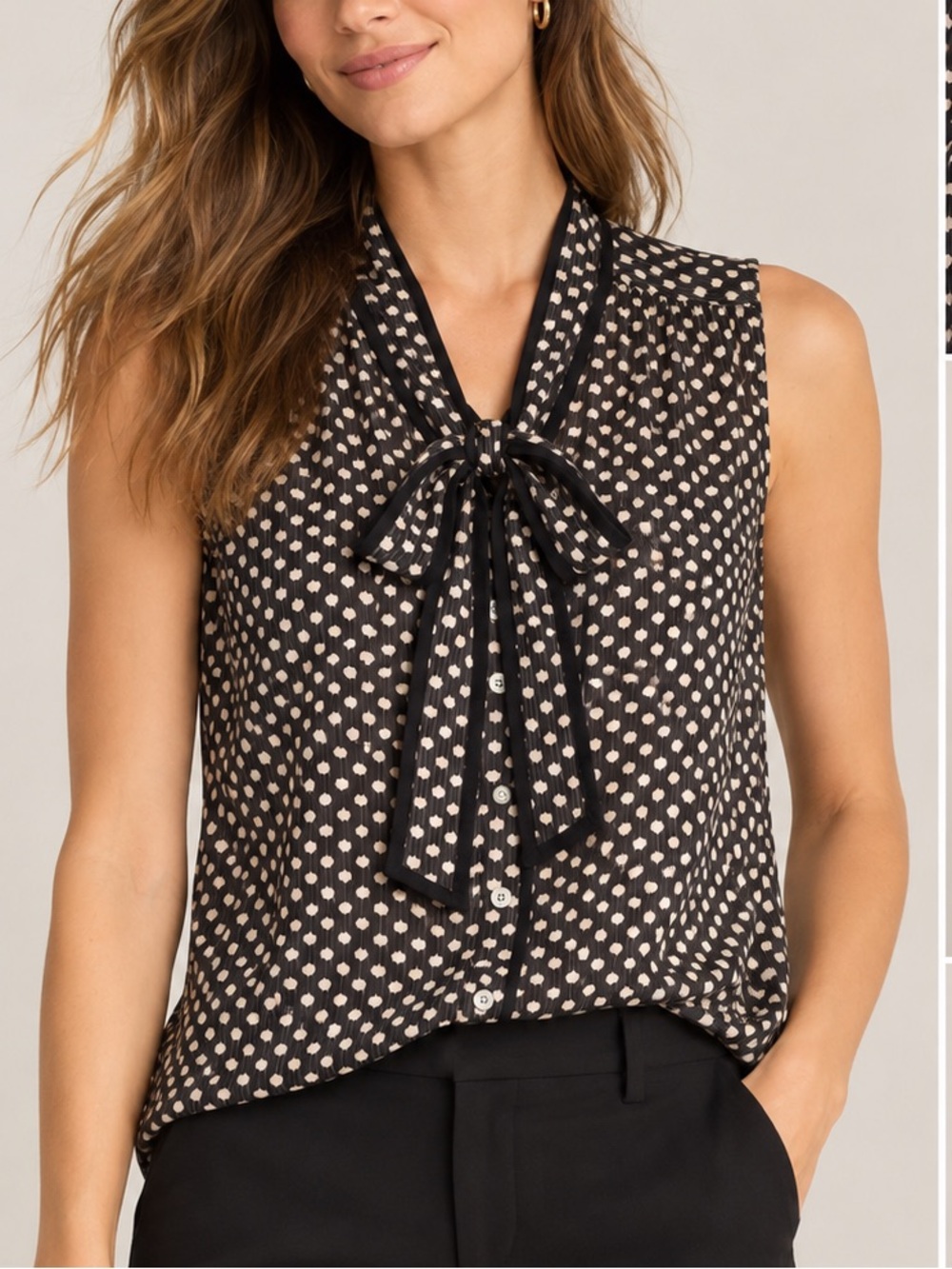 LOFT Sleeveless Tie Neck Blouse Black Cream Print Size Small